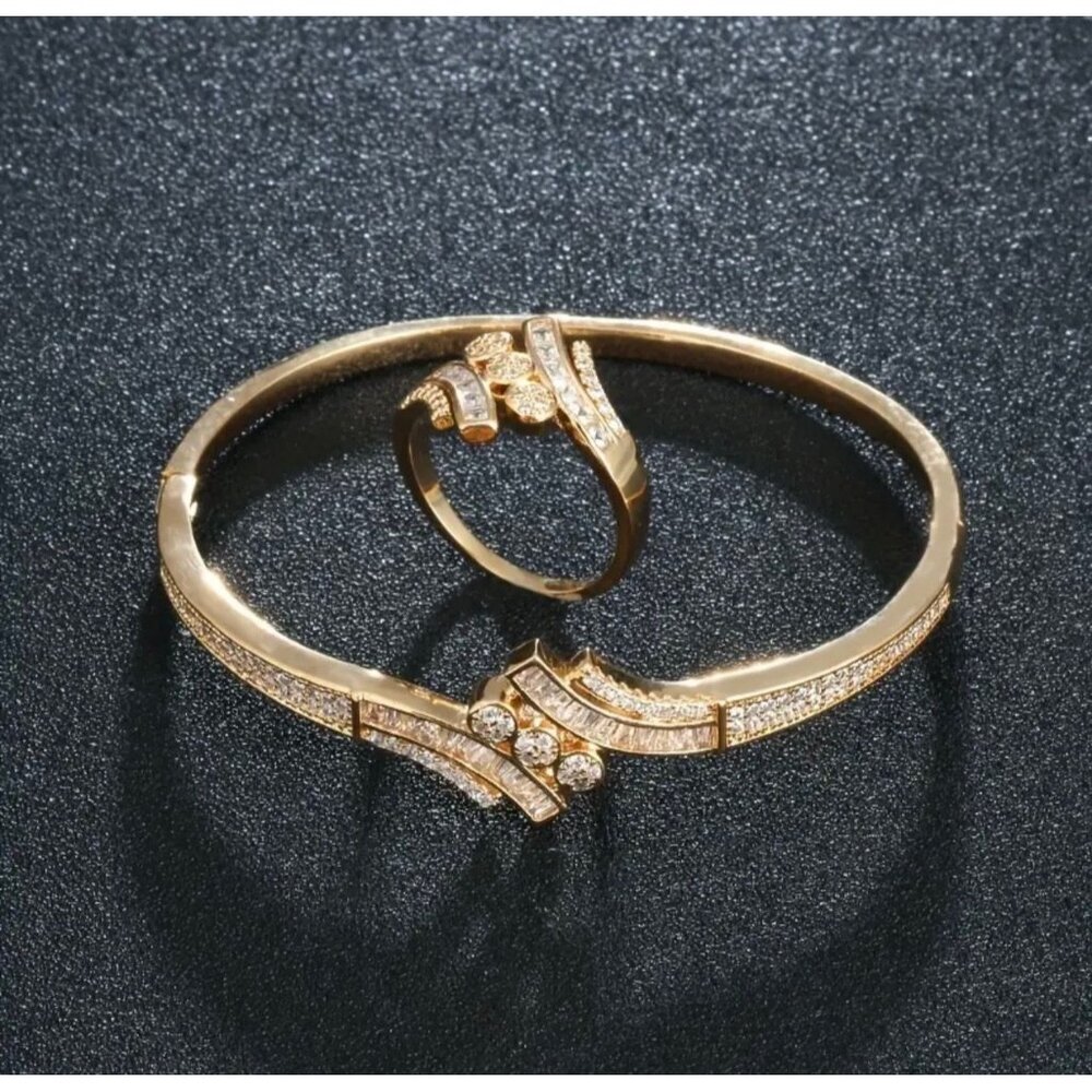 Elegant 18k Gold-Plated Bracelet & Ring Set Size 8 With Crystal Accents